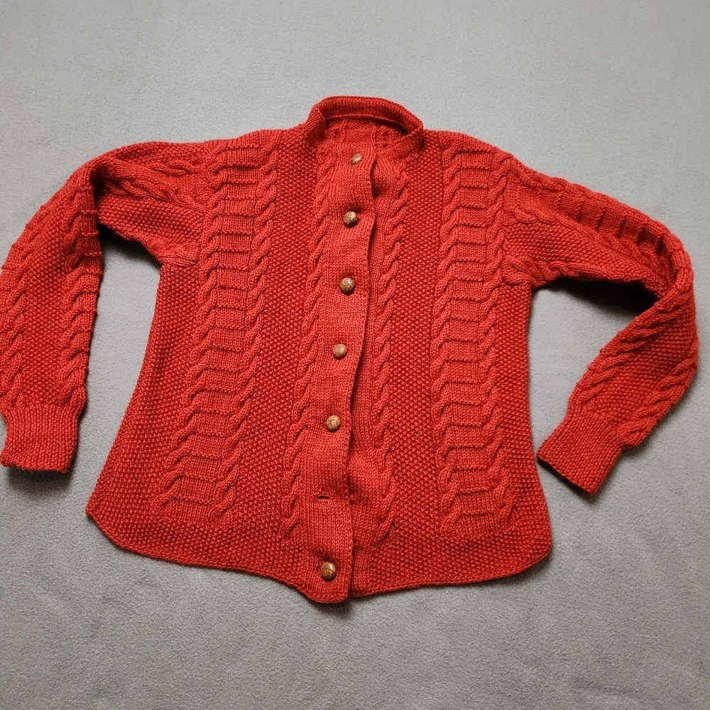 Hand Knit Cable Knit Wool Cardigan Sweater Cardigan Hand Knit Vtg - Picture 11 of 15
